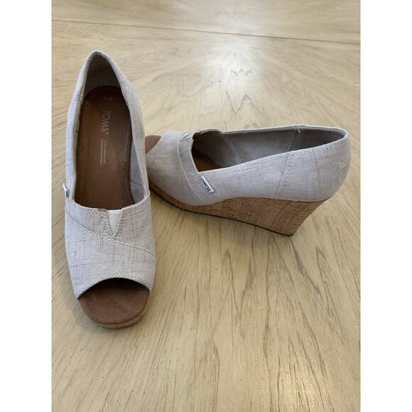 TOMS Classic Espadrille Wedge 7.5 Cork Platform Open Toe Crosshatch Jacquard - Picture 14 of 14